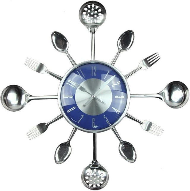 18" Cutlery Wall Clock Blue Modern Kitchen Spoon Fork Silent 45cm Decor