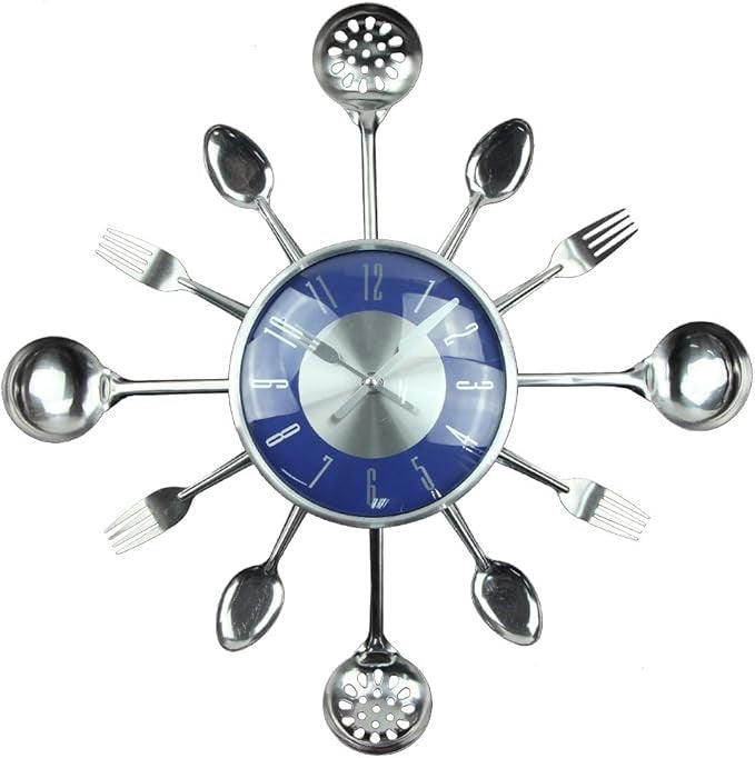 18" Cutlery Wall Clock Blue Modern Kitchen Spoon Fork Silent 45cm Decor