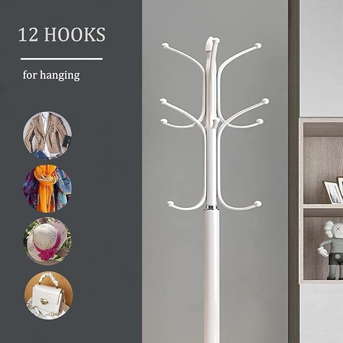 White Metal Coat Rack Stand with Marble Base 12 Hooks Hall Tree for Entryway