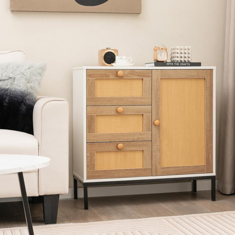 Rattan Sideboard Cabinet with Drawers & Door Boho Farmhouse Storage Unit
