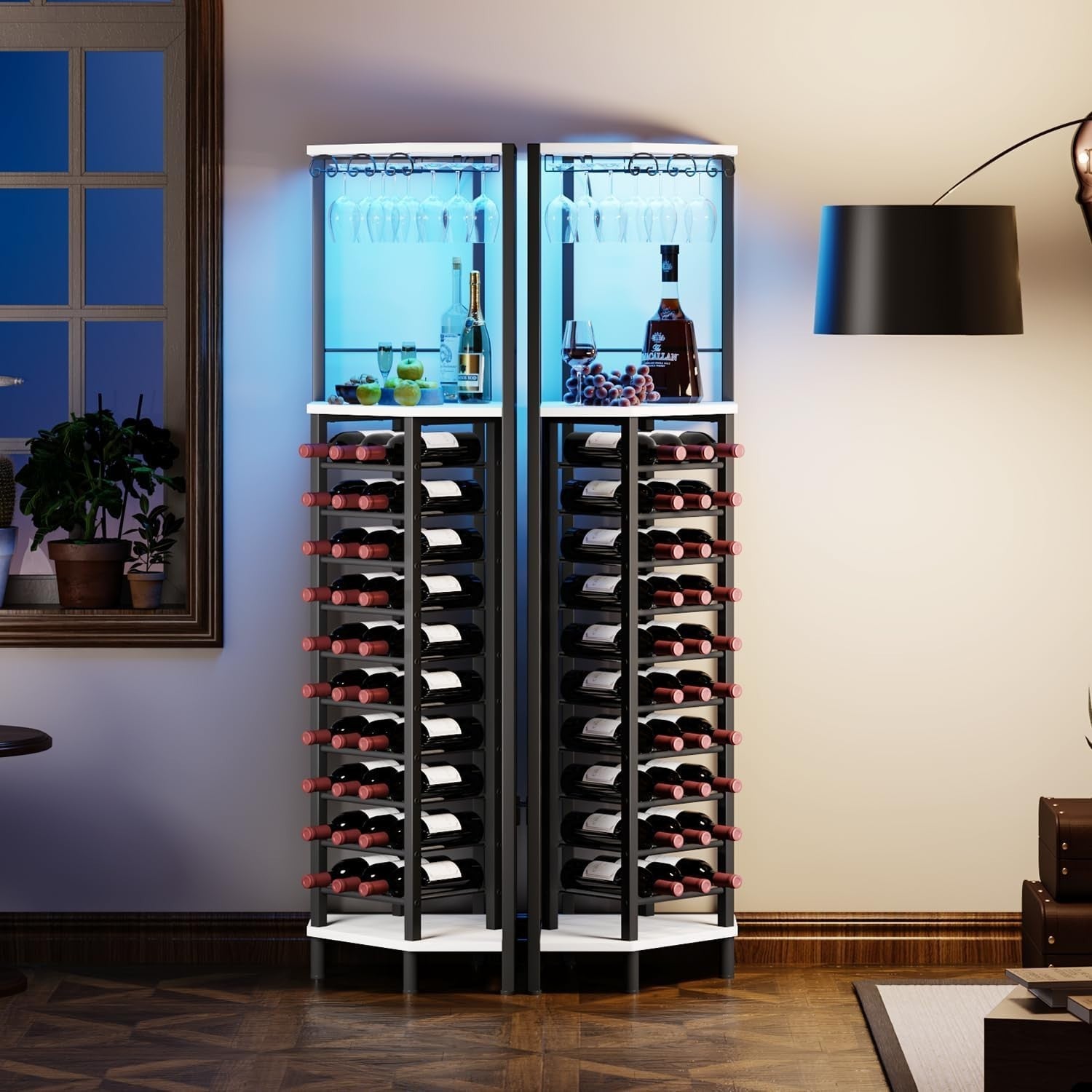 Corner Wine Bar Cabinet with LED Light, Glass Holder & 20 Bottle Storage Rack
