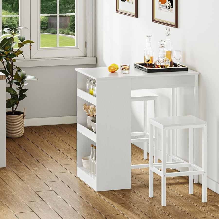White Breakfast Bar Table Set with Storage Shelves & 2 Stools Space Saving