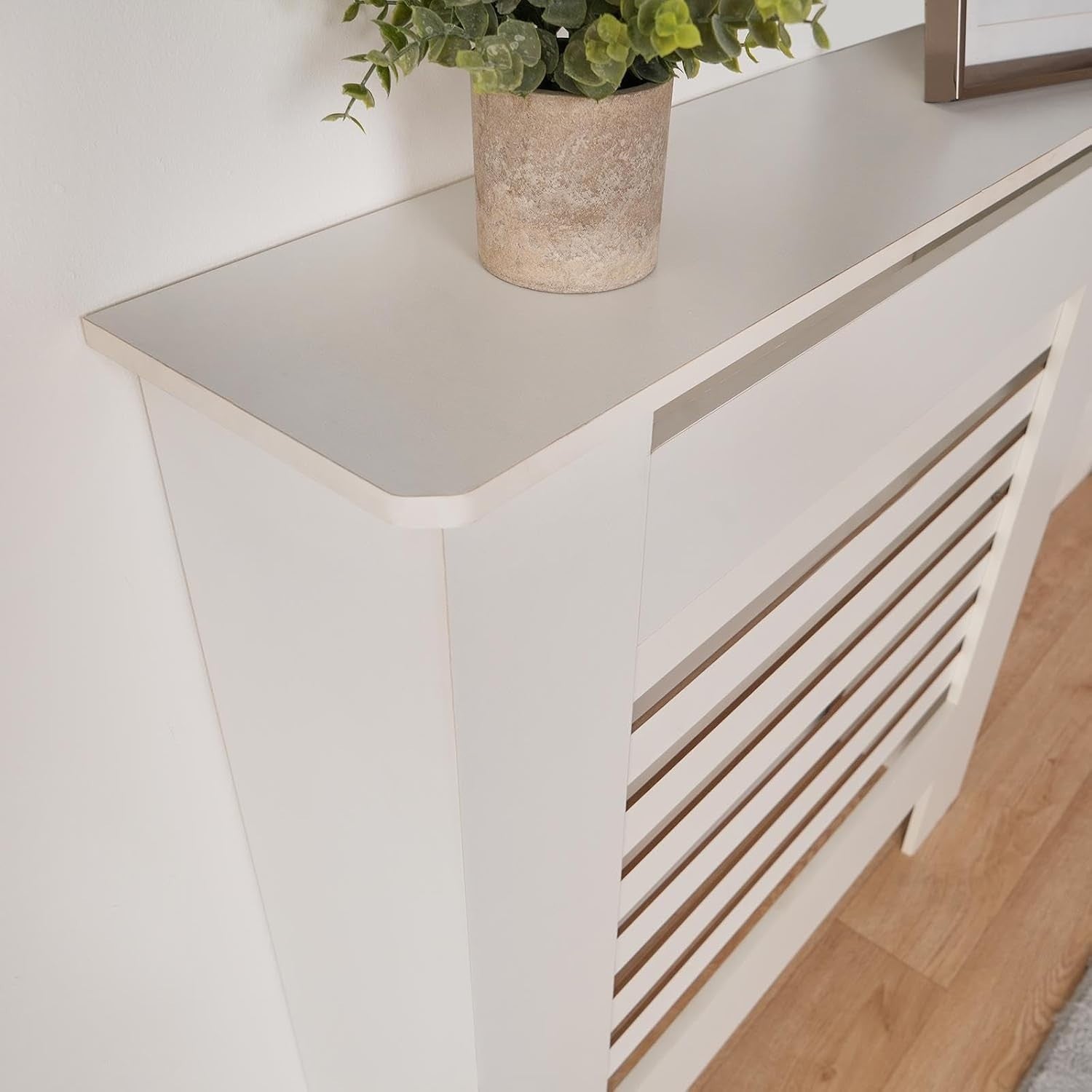Large White Radiator Cover MDF Slatted Cabinet – Modern Wooden Heater Shelf