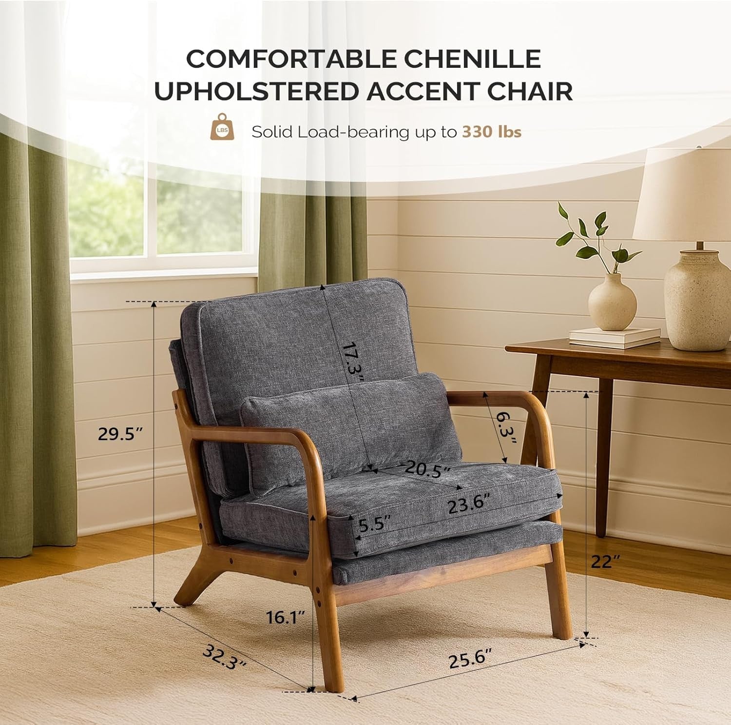 Dark Grey Chenille Accent Chair – Solid Wood Lounge Armchair