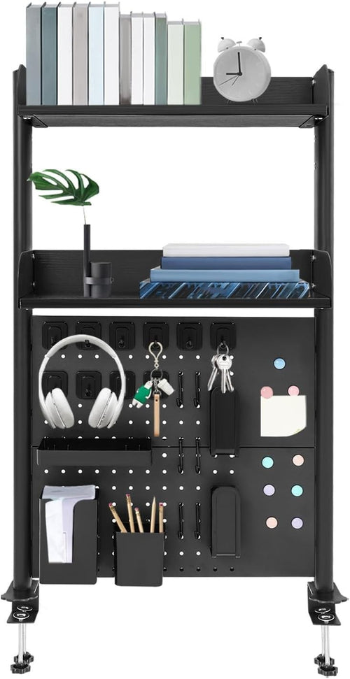 Clamp-On Desk Pegboard 60cm 2-Tier Desktop Organizer Shelf Privacy Panel Black