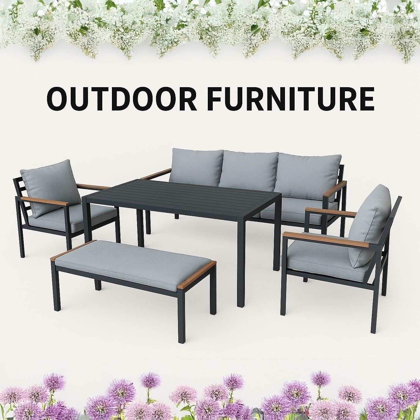 6 Seat Garden Furniture Set Black Aluminium Grey Cushions Dining Patio