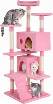 Pink Multi Level Cat Tree Tower 139cm with Condo Scratching Posts Play Centre