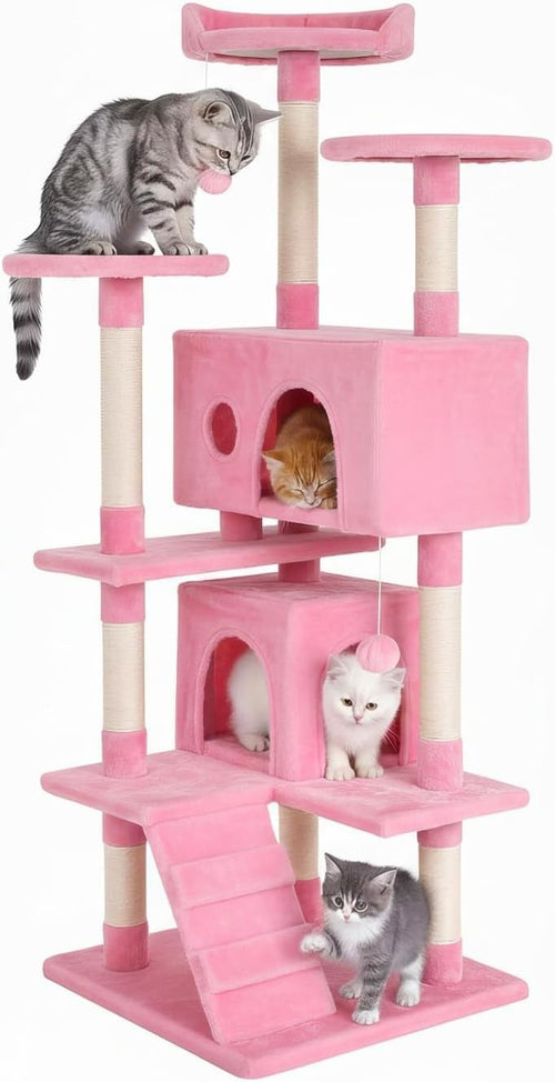 Pink Multi Level Cat Tree Tower 139cm with Condo Scratching Posts Play Centre
