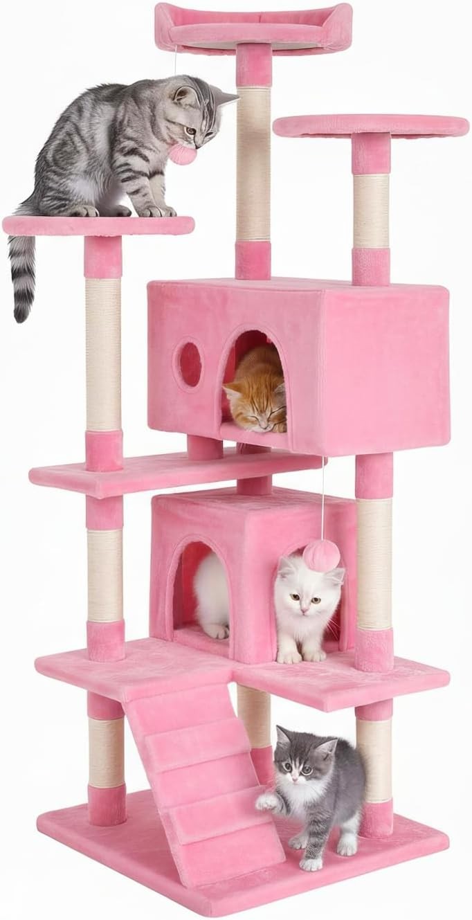 Pink Multi Level Cat Tree Tower 139cm with Condo Scratching Posts Play Centre