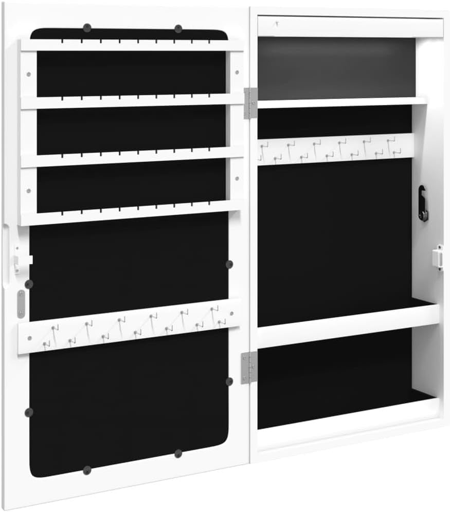 Wall Mounted LED Mirror Jewelry Cabinet Lockable Organizer Storage White