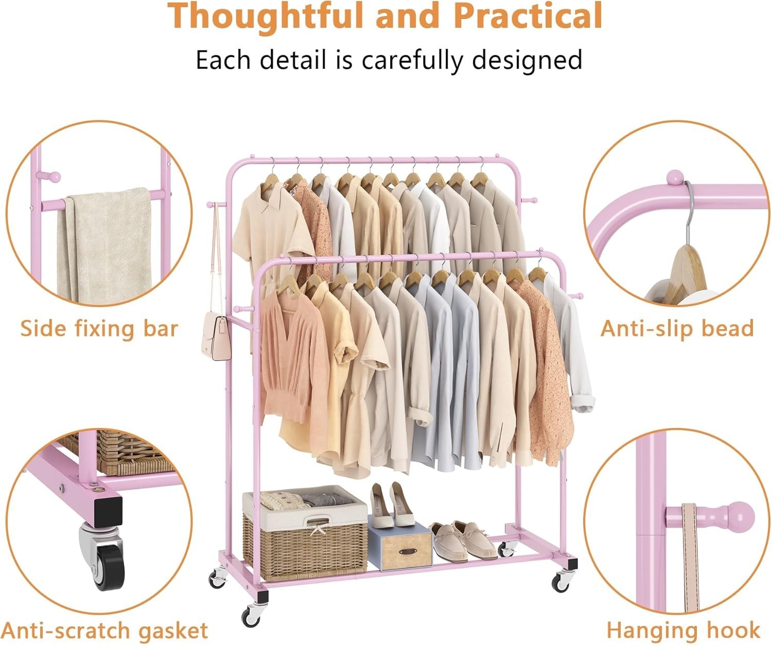 Pink Double Clothes Rail with Wheels & Hooks 169cm