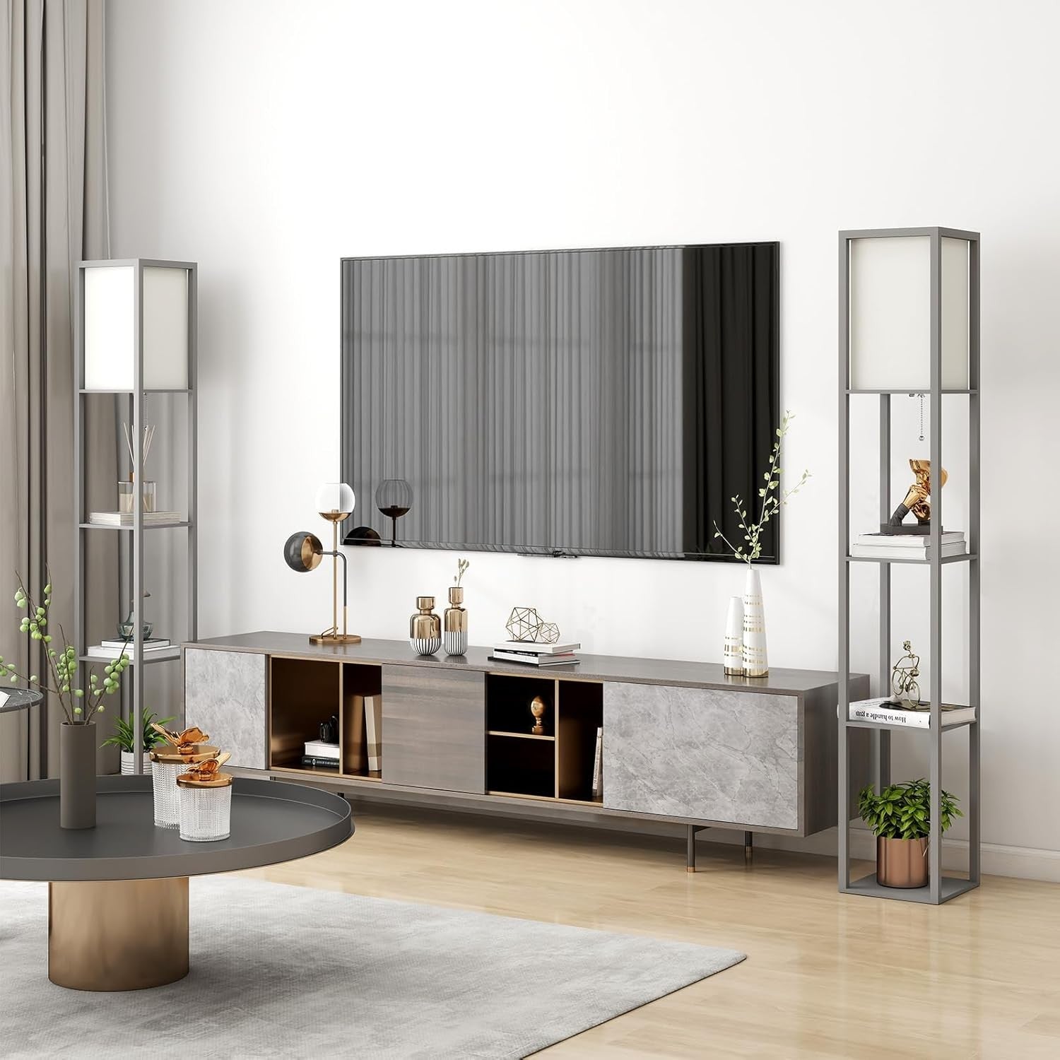 LED Floor Lamp with Shelves Storage Standing Light Dimmable E27 Modern Grey