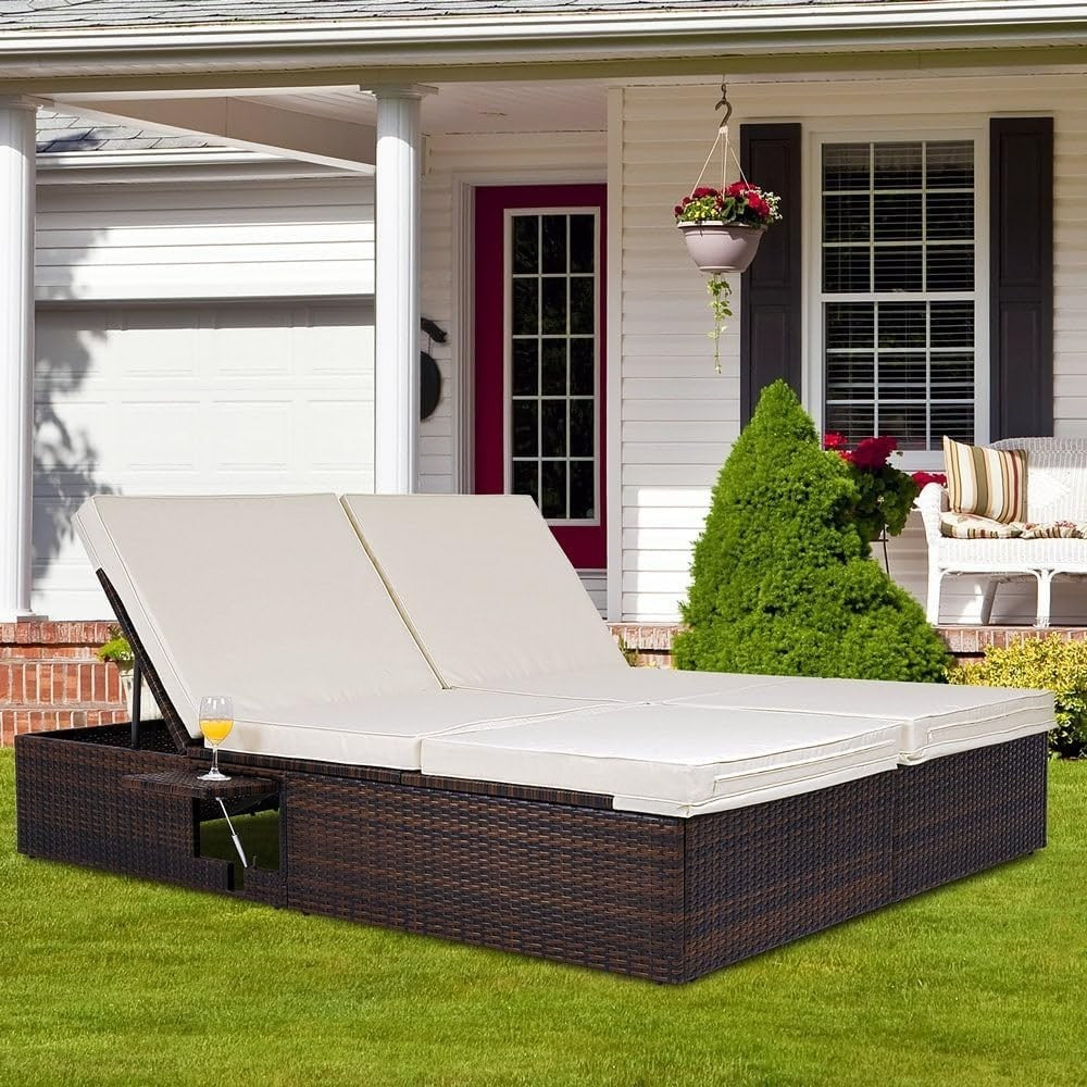 Rattan Double Recliner Sun Lounger for 2 – 5-Position Daybed w/ Cushions & Side