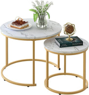 2-Piece Nesting Round Coffee Table Set with White Marble Top & Gold Metal Frame