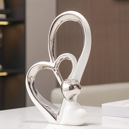 White Silver Double Heart Ceramic Sculpture Modern Luxury Home Decor Ornament
