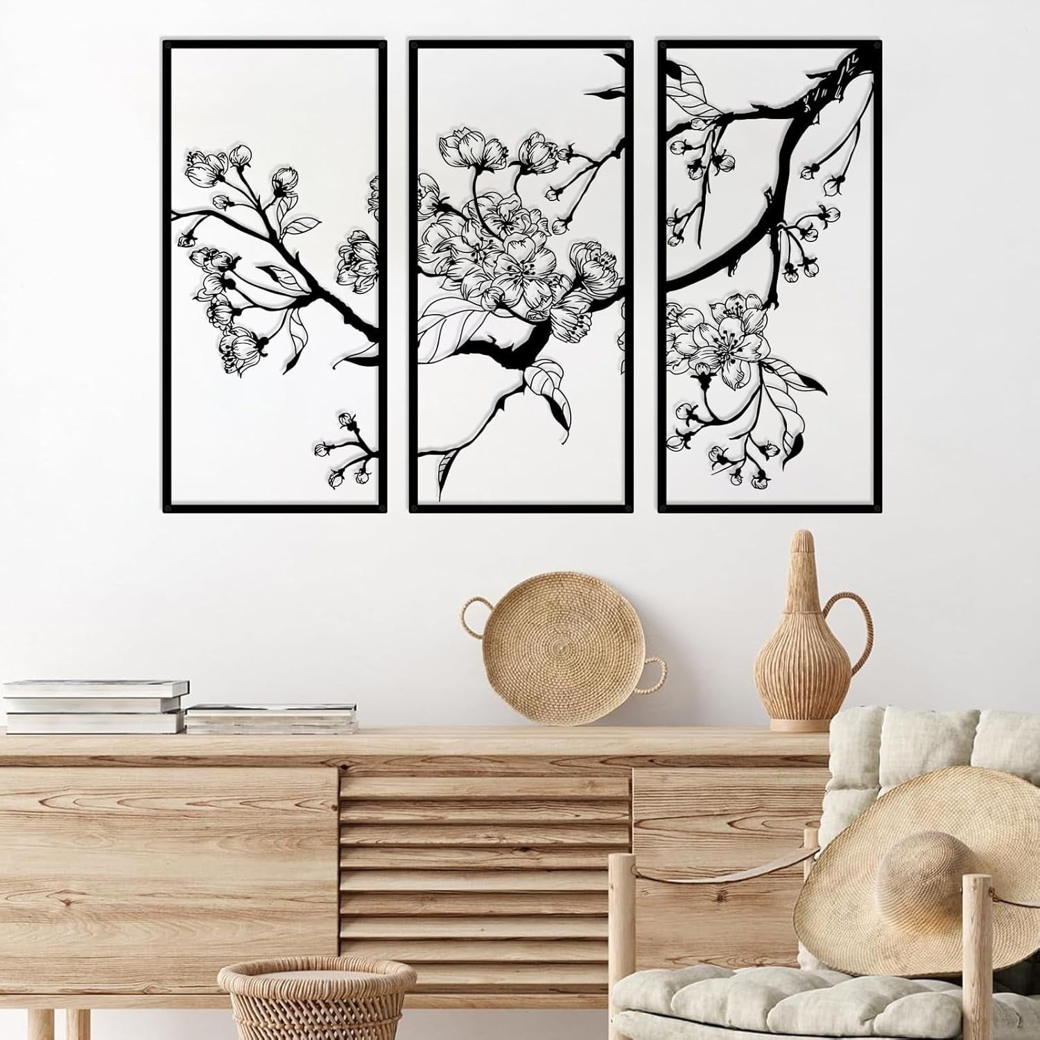 Metal Flower Wall Art Set 3pcs Large Black Floral Line Decor Modern Wall Hanging