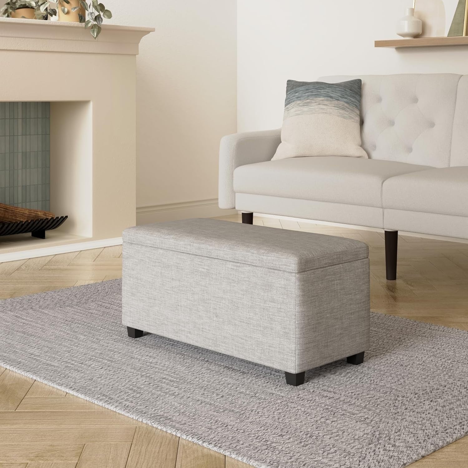 Light Grey Upholstered Storage Ottoman Bench with Soft Close Lid Linen 90x42x43