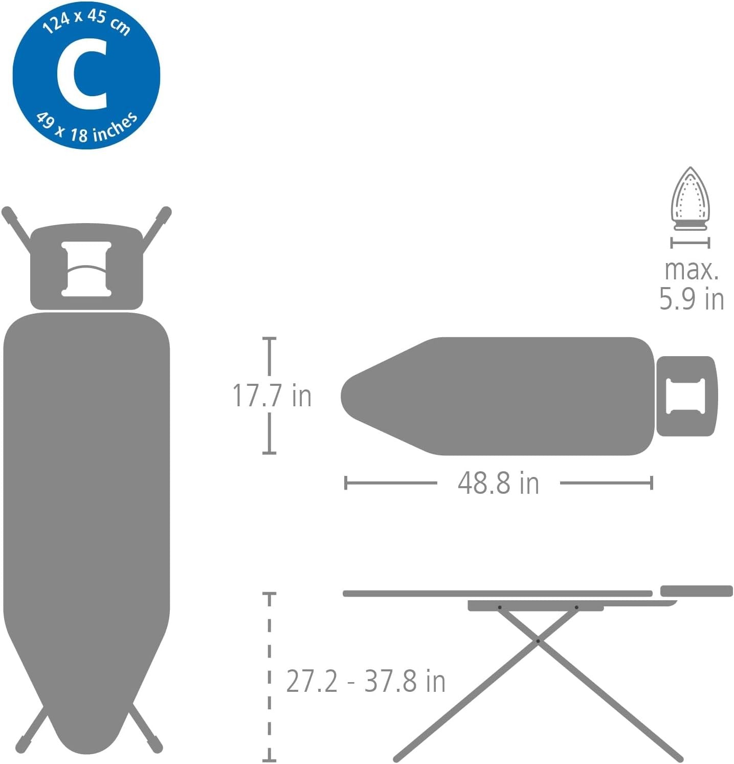 Extra Large Ironing Board 124x45cm Adjustable Height Steam Unit