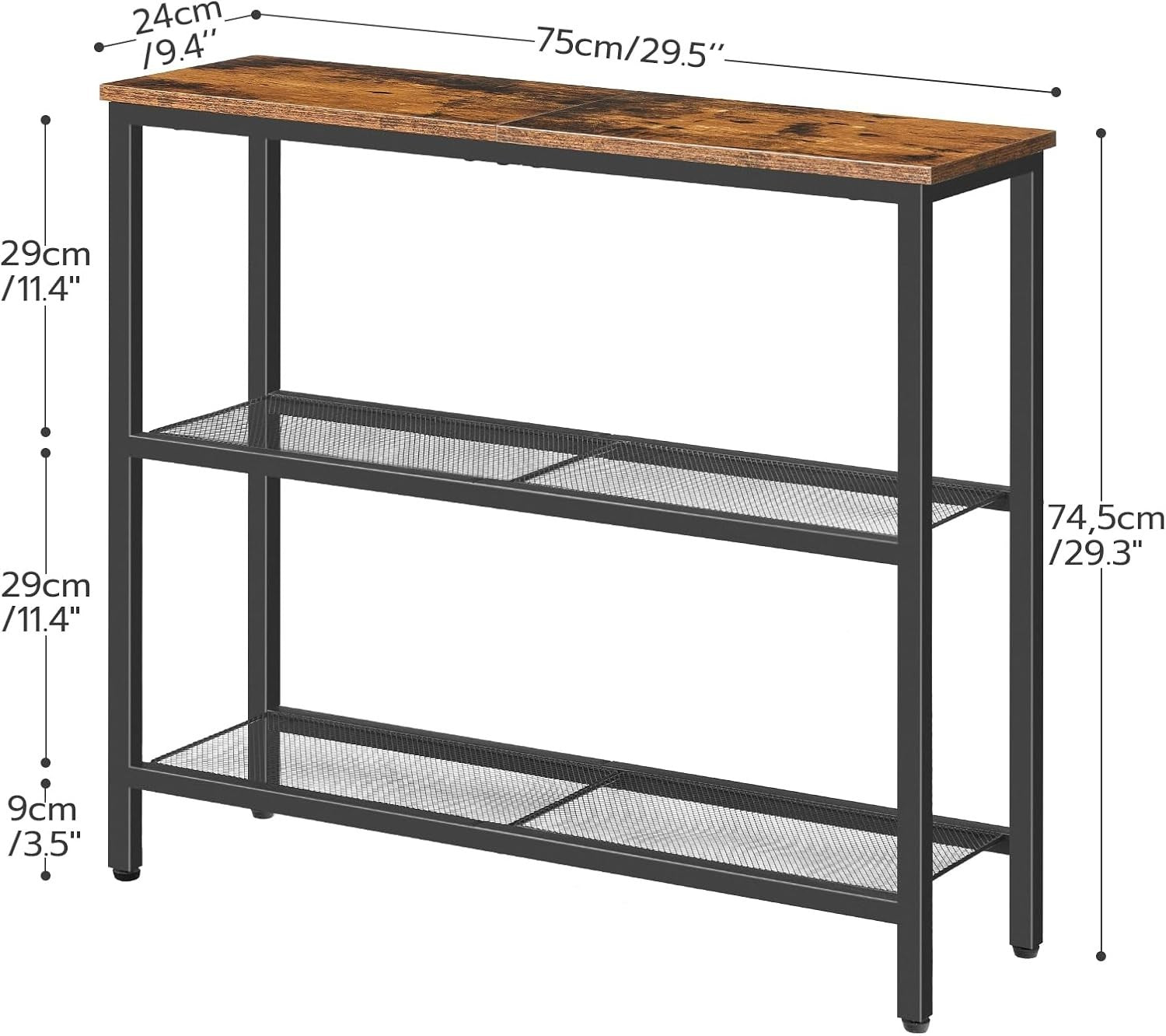 Slim 3-Tier Console Table 75cm Wide Storage Shelf Metal Frame Rustic Brown