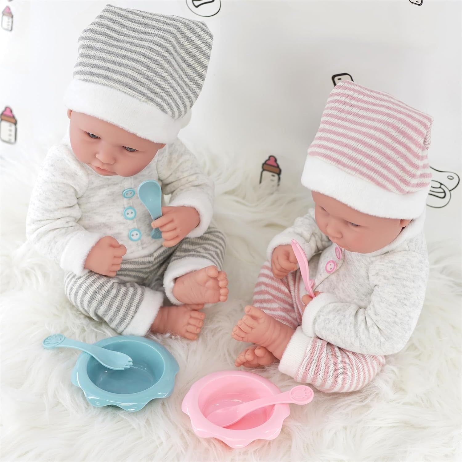 Twin Baby Dolls Boy Girl Set w Dummies Feeding Accessories Gift