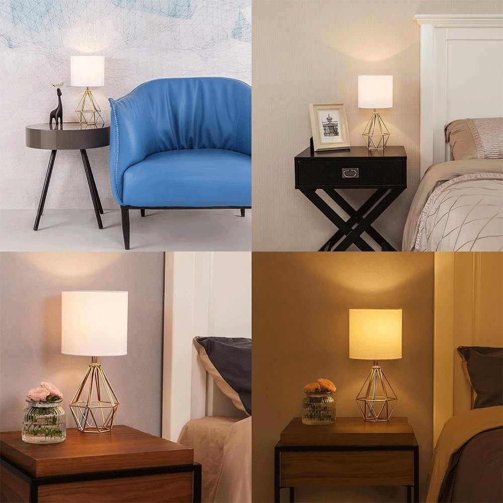 Gold Modern Small Table Lamp with Geometric Base & White Fabric Shade
