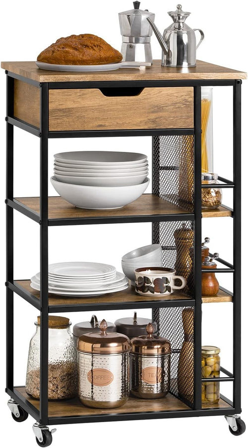 Industrial Kitchen Trolley on Wheels with Drawer 3 Shelves Storage Cart