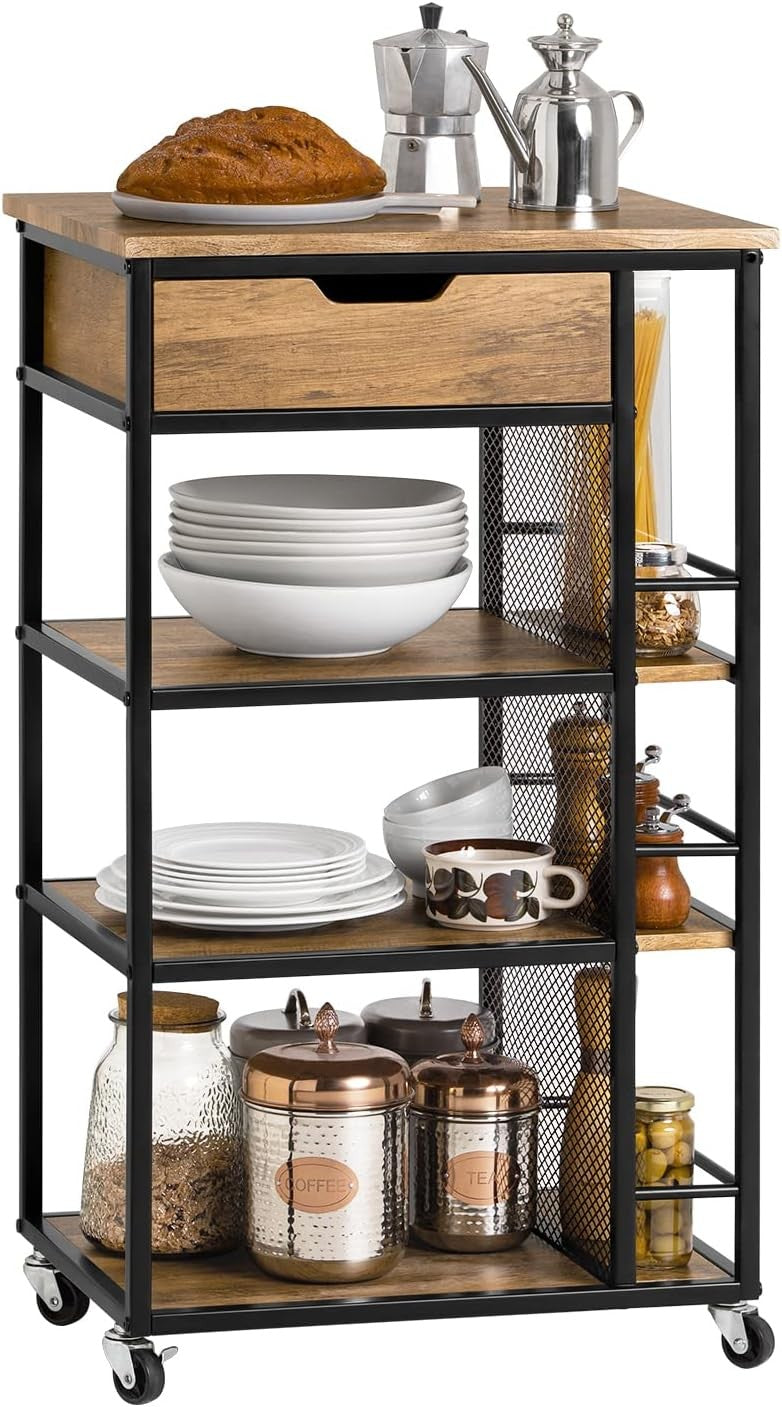 Industrial Kitchen Trolley on Wheels with Drawer 3 Shelves Storage Cart