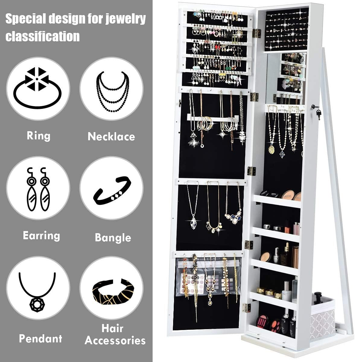 White Lockable Jewelry Cabinet Mirror 3-in-1 Freestanding Storage