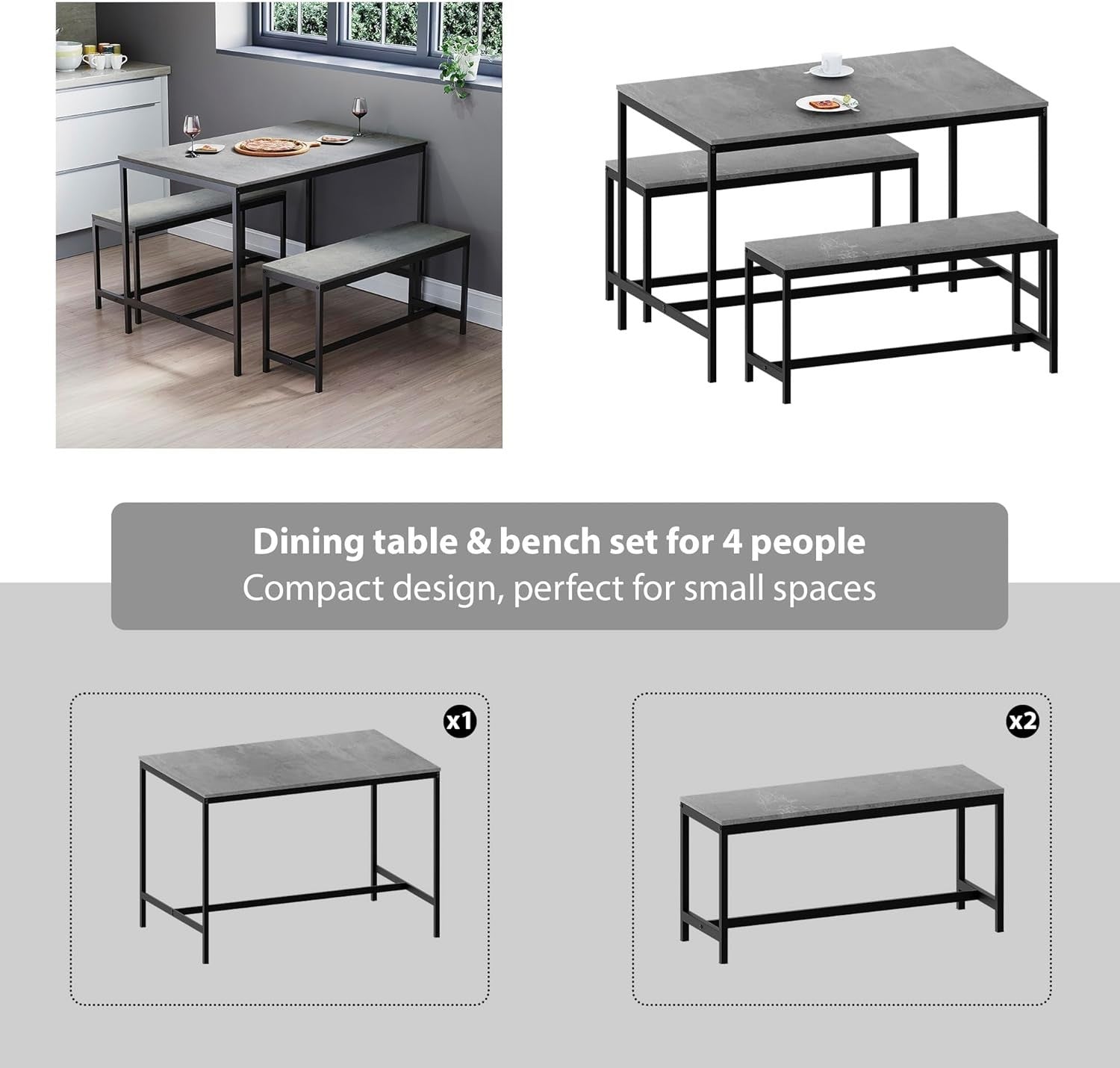 4 Seater Dining Table Set with 2 Benches - Compact Modern Metal Frame Grey