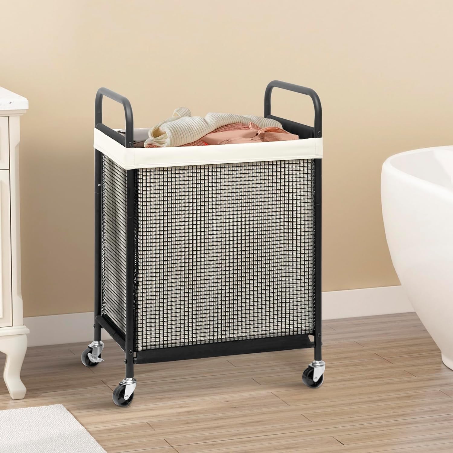 90L Rolling Laundry Hamper with Wheels | Removable Liner | Beige Laundry Cart