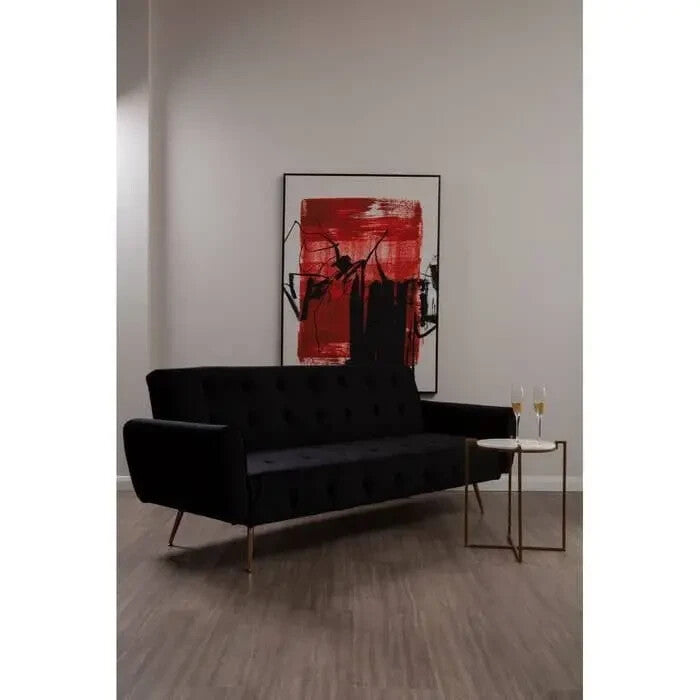 Black Velvet Sofa Bed 3 Seater Gold Legs Tufted Modern Luxury Sleeper