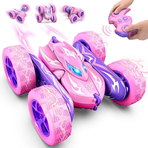 Pink RC Stunt Car 4WD 360° Flip LED Rechargeable Toy for Girls Age 3–9