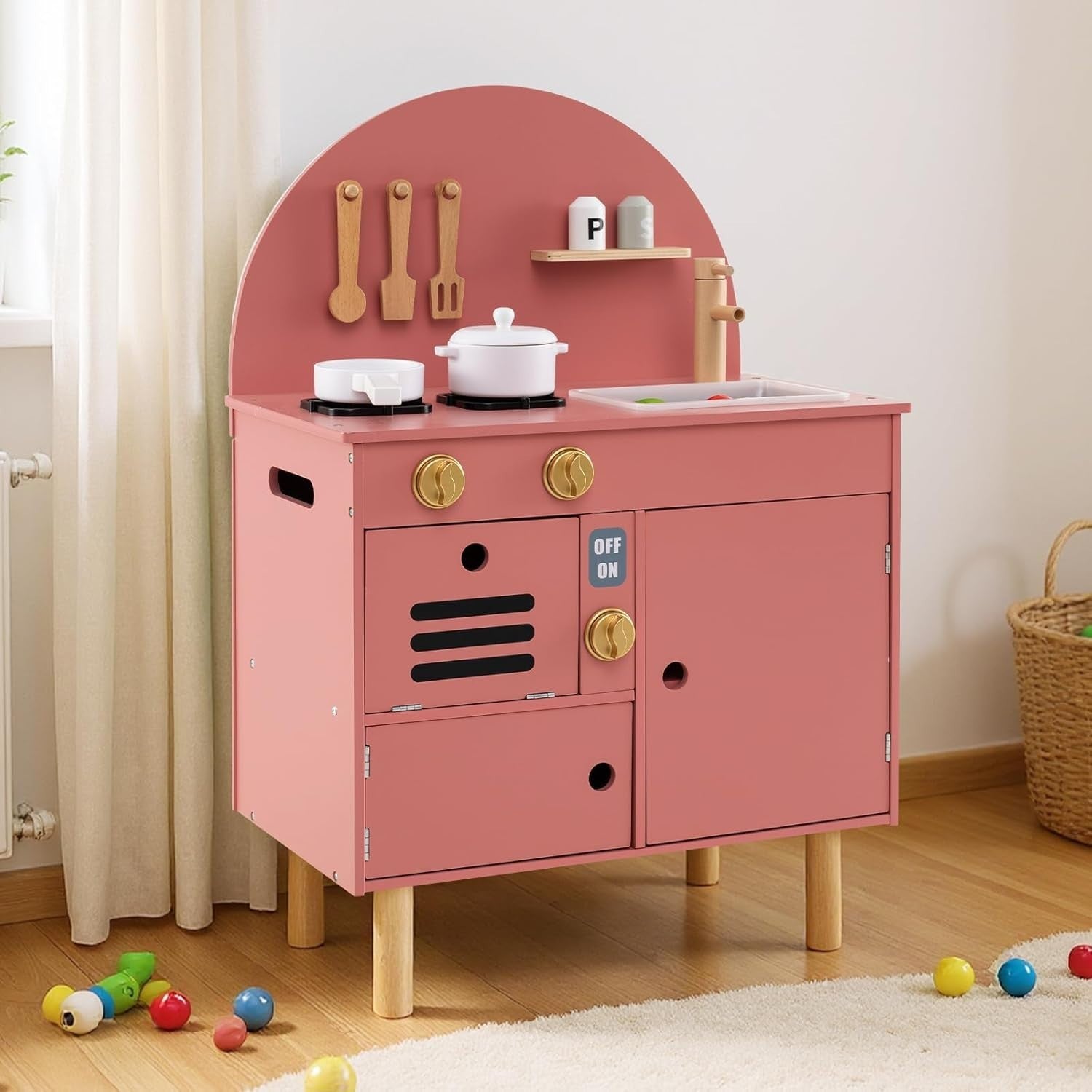 Kids Wooden Play Kitchen Pink Pretend Cooking Toy Set Accessories