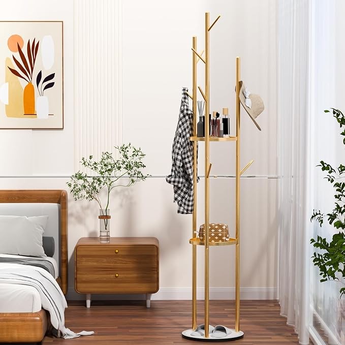Luxury Gold Coat Rack Stand | Marble Base Hall Tree with 3 Shelves & Hooks
