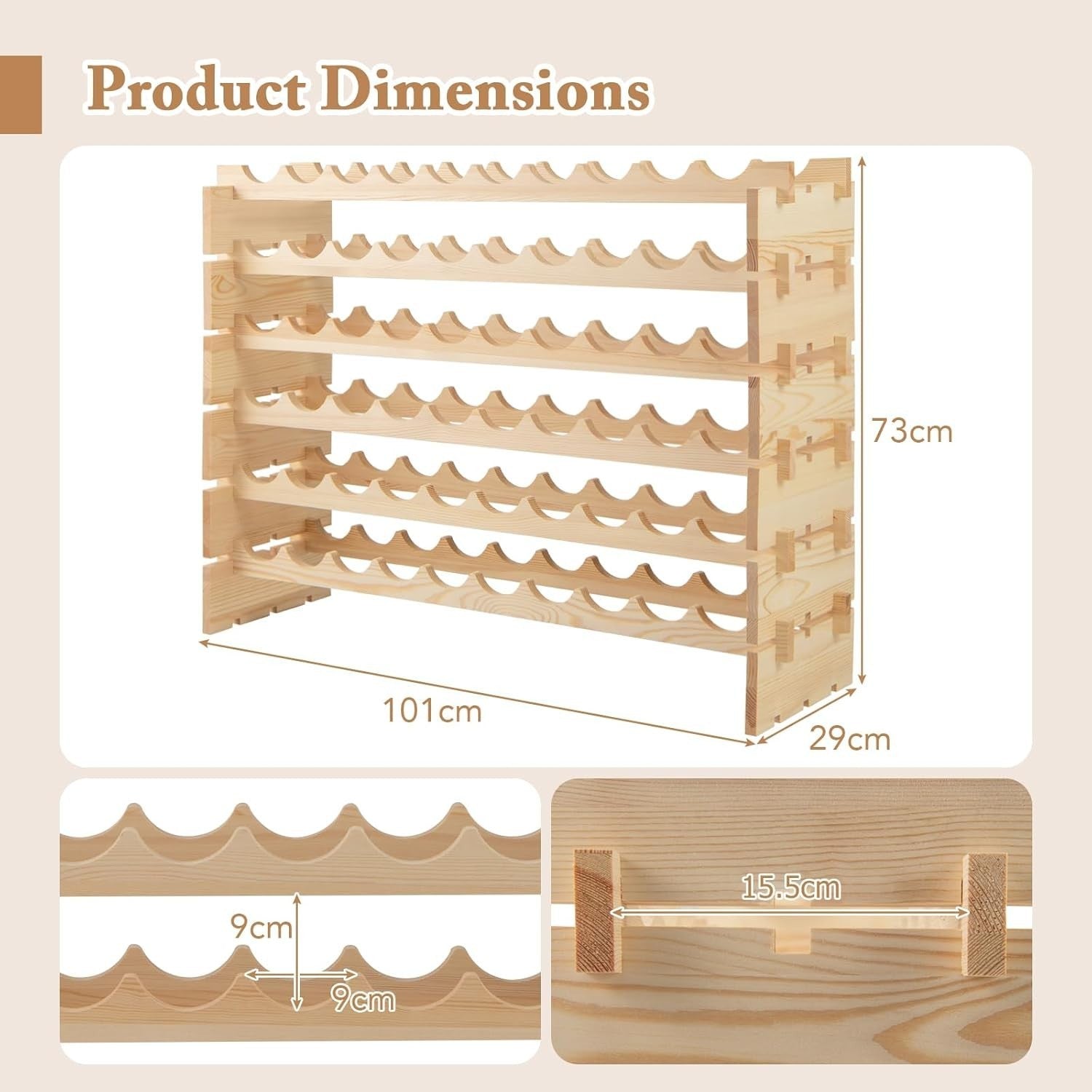 Large 60 Bottle Wooden Wine Rack 6 Tier Stackable Storage Shelf Home Bar Cellar