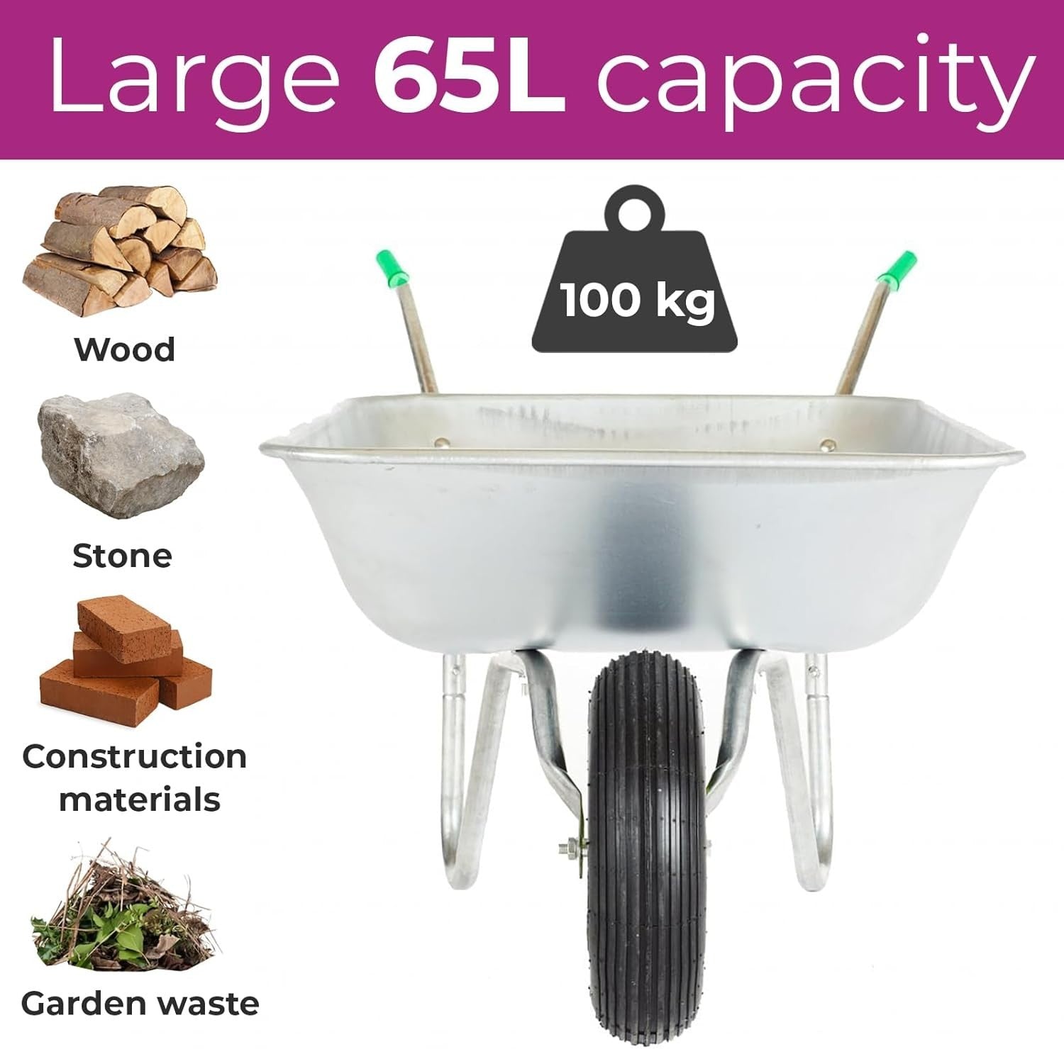 65L Garden Wheelbarrow – Galvanised Steel Tray w/ Pneumatic Tyre for Heavy Loads
