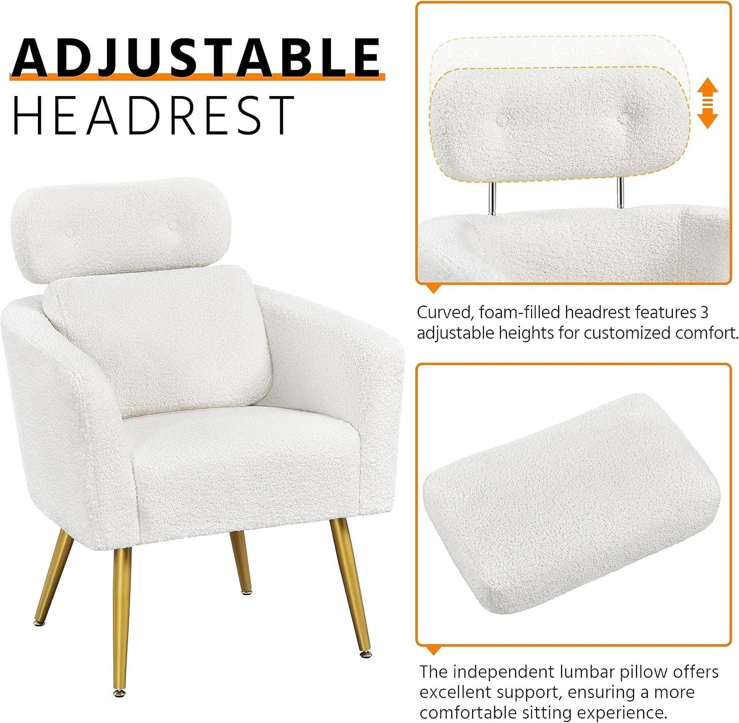 2x White Boucle Accent Chairs Adjustable Headrest Lumbar Lounge Armchairs
