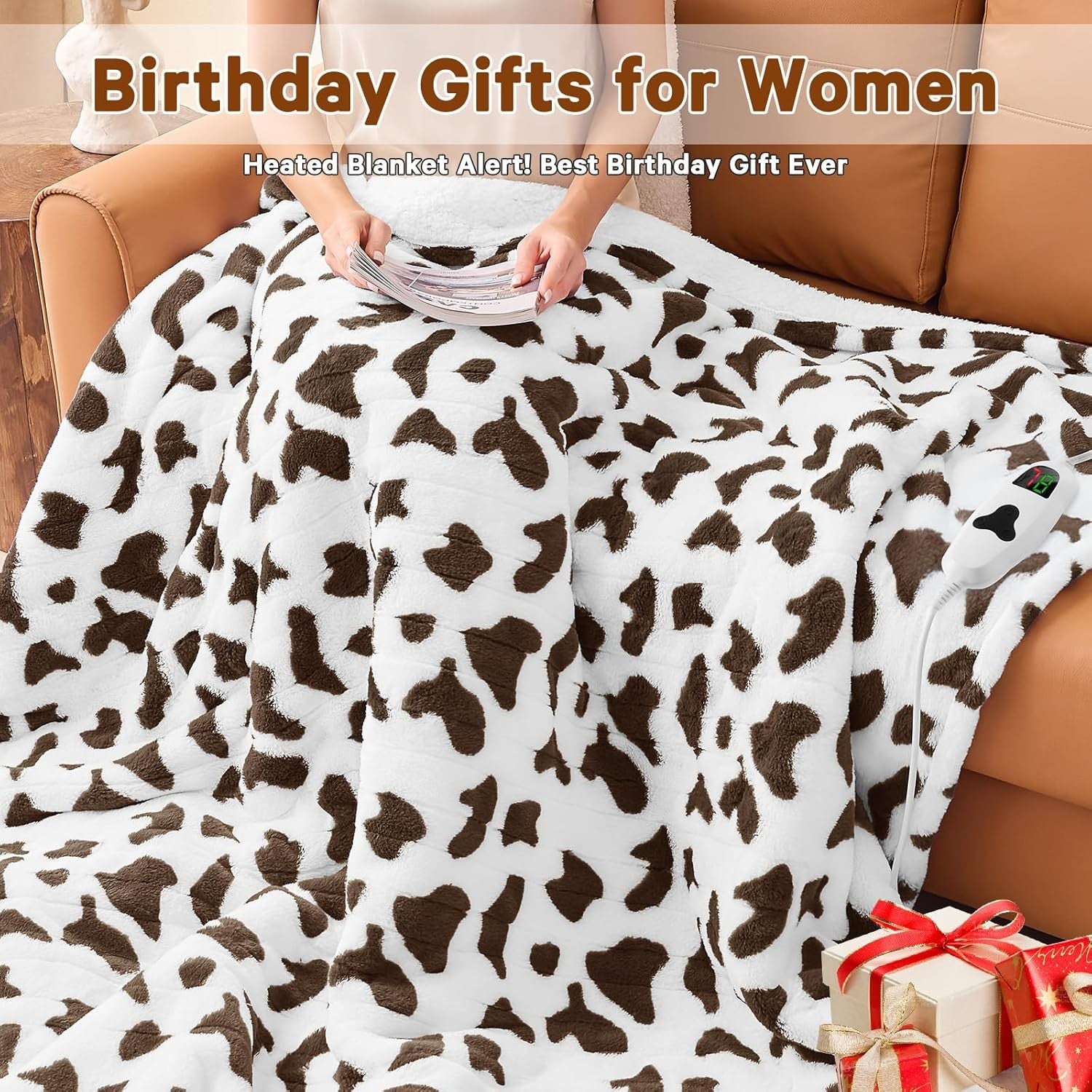 Electric Heated Throw Blanket Cow Print Sherpa 10 Heat Auto Off Washable