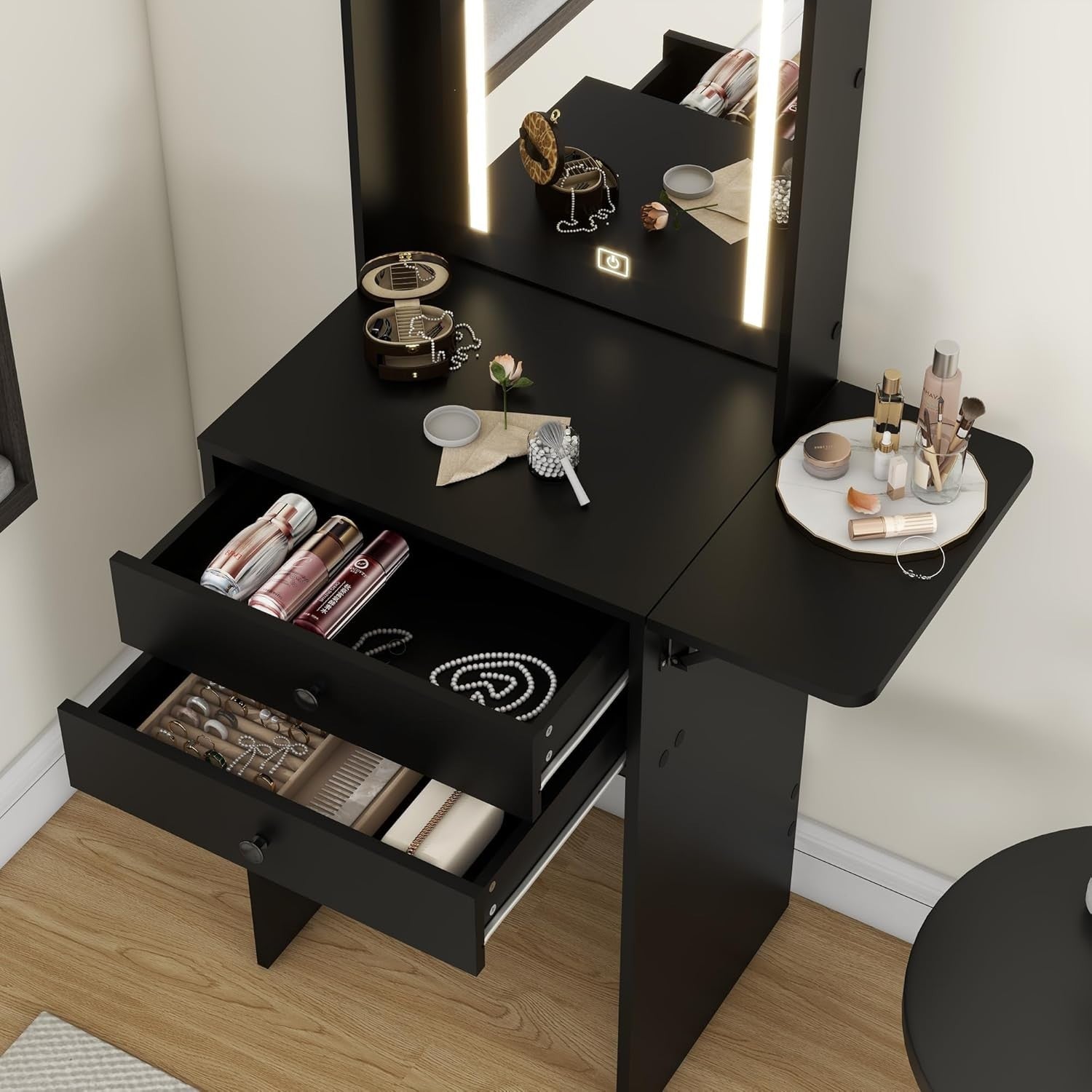 Modern Vanity Makeup Dressing Table w/ LED Mirror Storage Expandable Black
