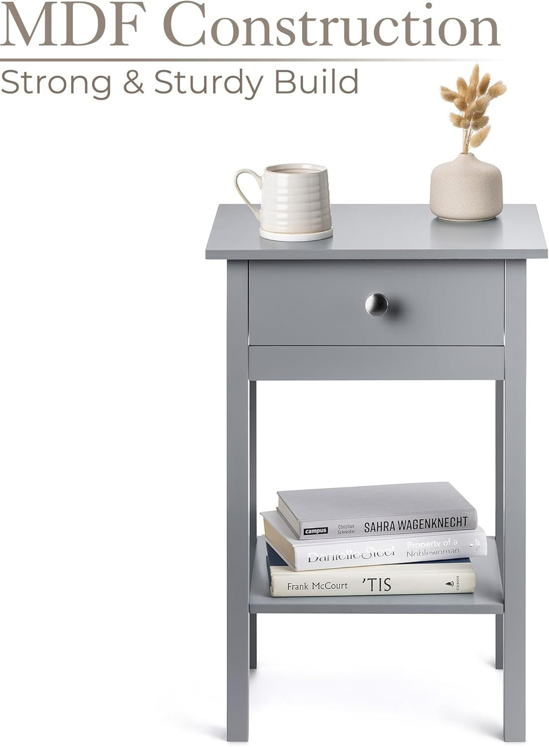 Set of 2 Grey Bedside Tables with Drawer & Shelf, Wooden Nightstands 60x40x30cm