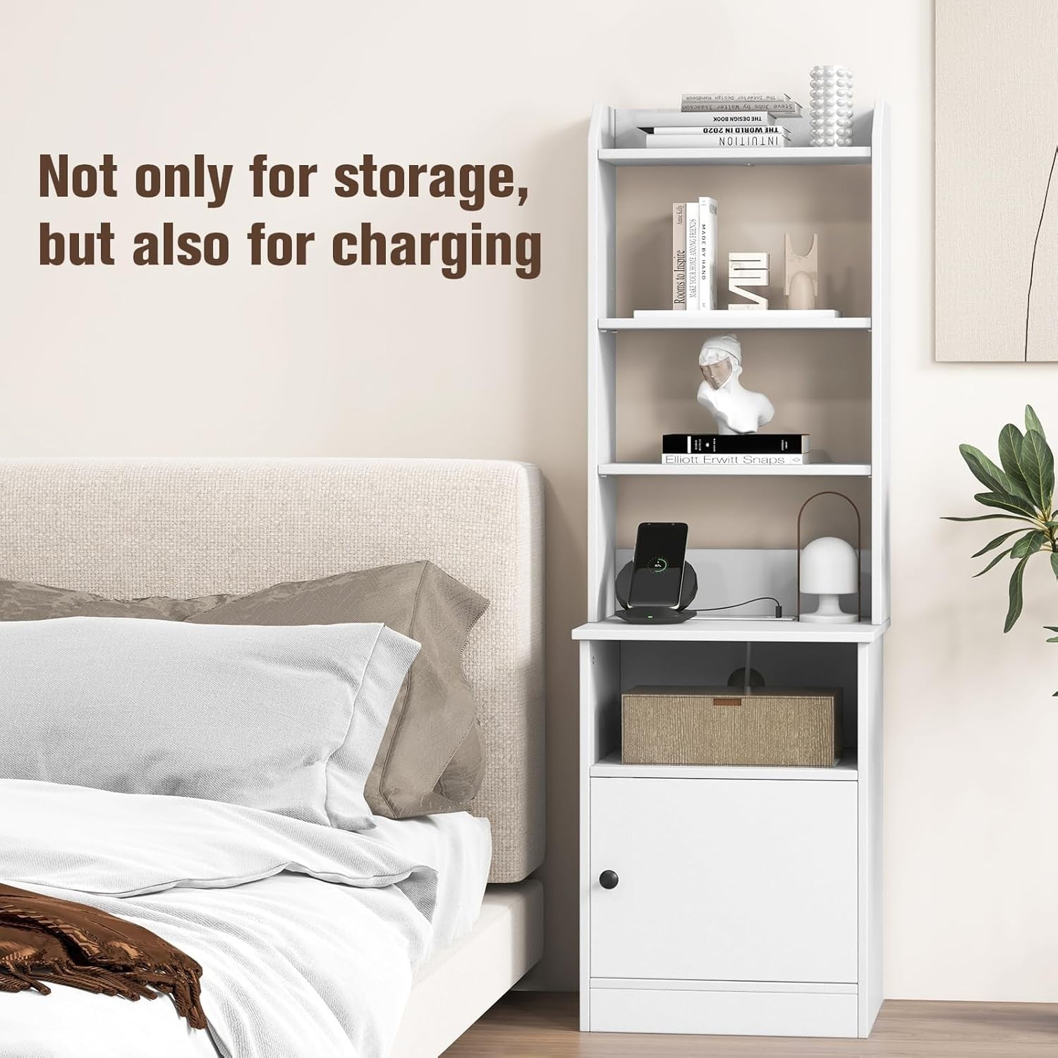 140cm Tall White Bedside Table with Charging Station & Adjustable Bookshelf Stor