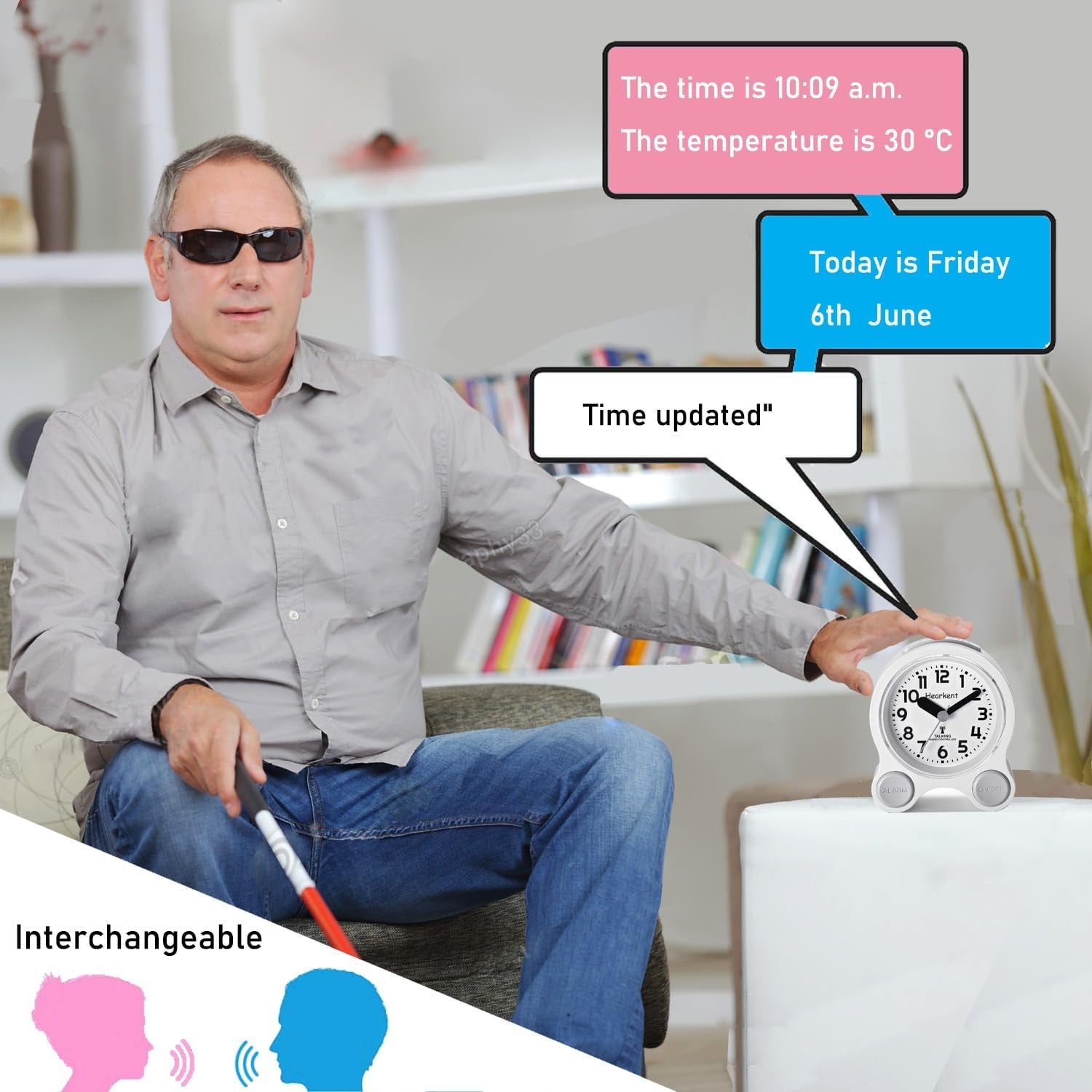 White Talking Dementia Alarm Clock Large Numbers Voice Time Announce