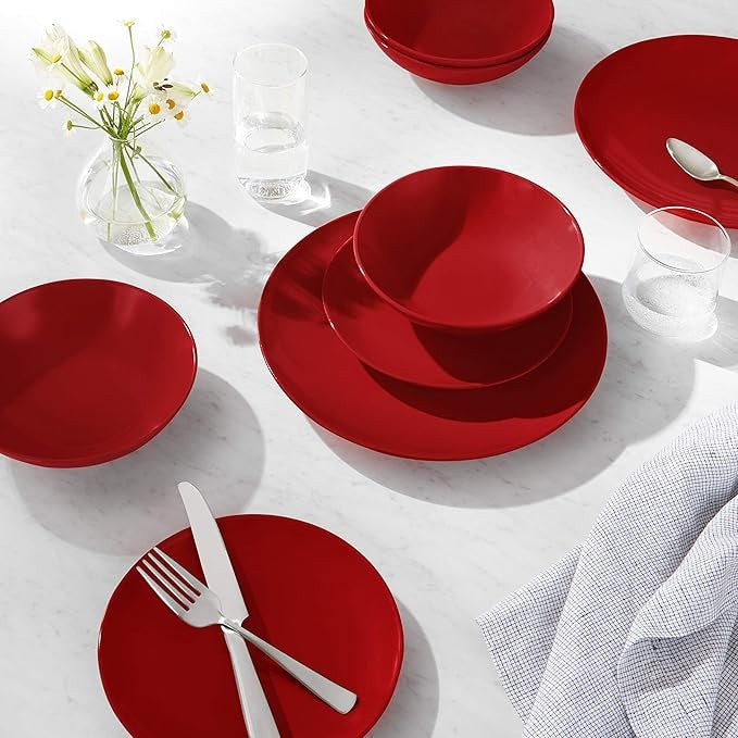 18pc Stoneware Dinnerware Set Red Plates Bowls Service for 6
