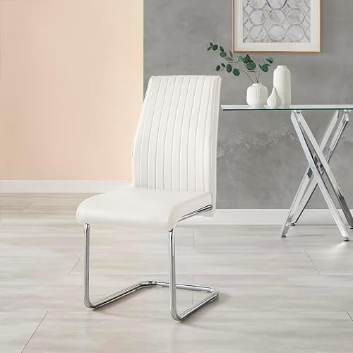 Modern White Faux Leather Dining Chairs Set of 2 with Chrome Legs