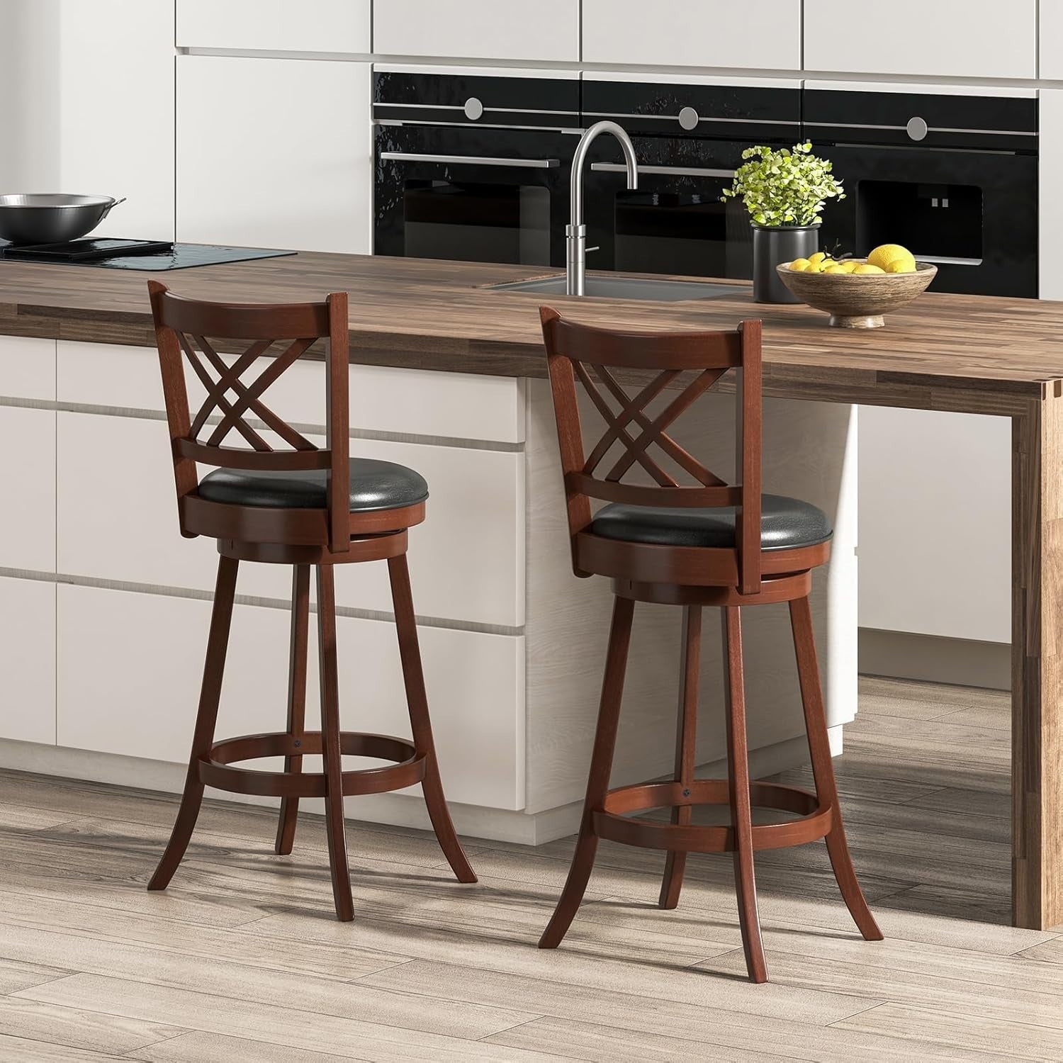 Espresso Black Swivel Bar Stools Set of 2 – Rubber Wood Counter Chairs