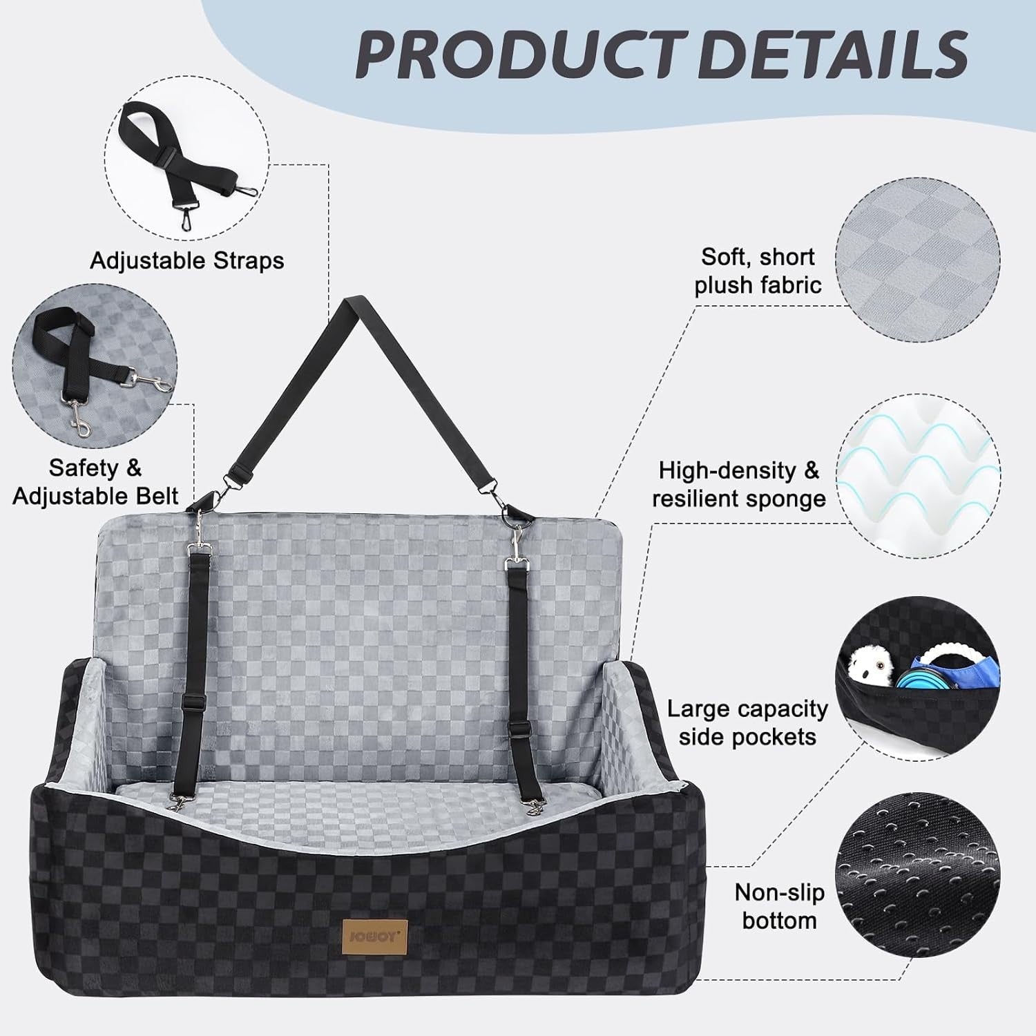Large Dog Booster Car Seat Memory Foam Travel Bed Washable Grey