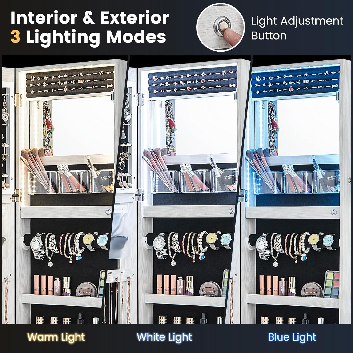 White LED Wall Mounted Jewelry Cabinet Mirror Lockable 3-Color Light