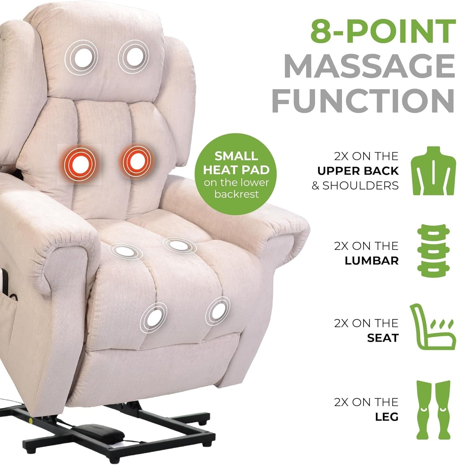 Dual Motor Lift Recliner Chair Heat Massage Riser Mobility Support Fabric Beige