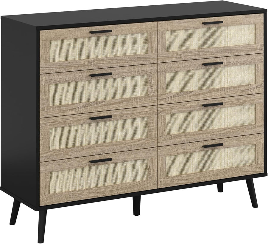 Rattan Chest of 8 Drawers Black Wood Storage Unit Bedroom Hallway Modern