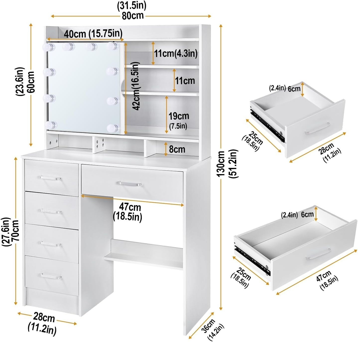 Makeup Vanity Desk w/ LED Mirror & Stool Modern Large Storage White Dresser